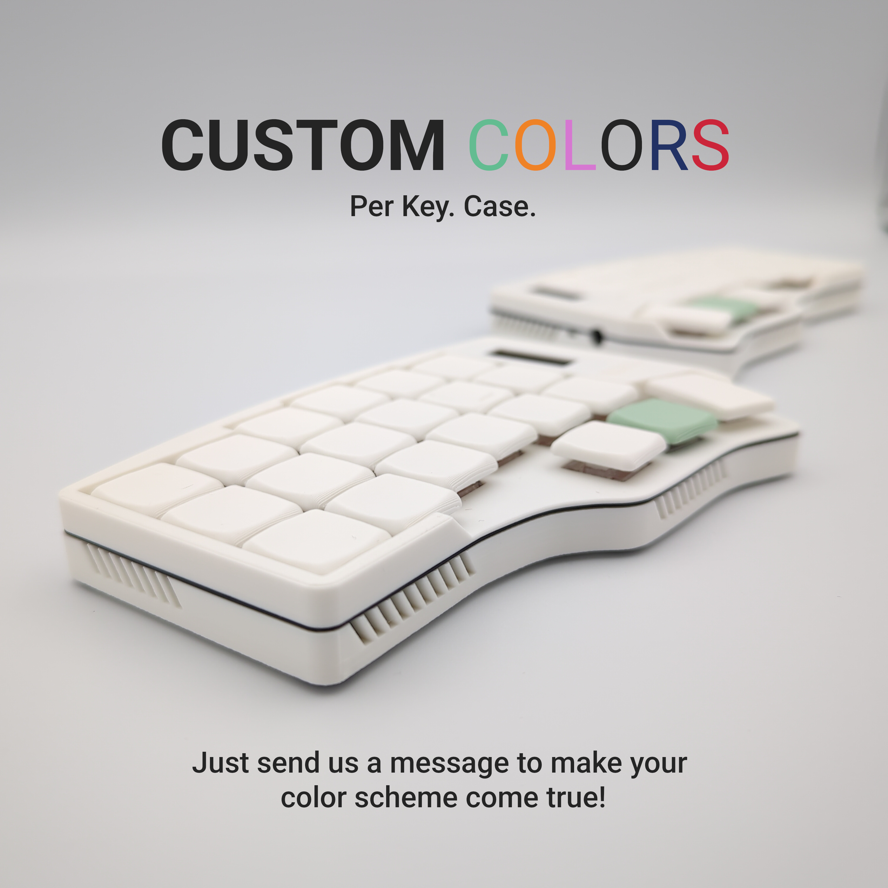 Customizable Corne keyboard with text about customizable colors on a gray background